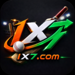 IX7 Cricket Game logo featuring cricket bat, ball, stumps, and stadium lights against a black background