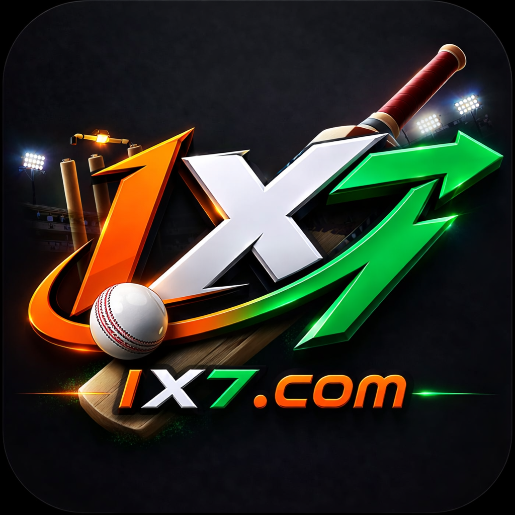 IX7 Cricket Game logo featuring cricket bat, ball, stumps, and stadium lights against a black background
